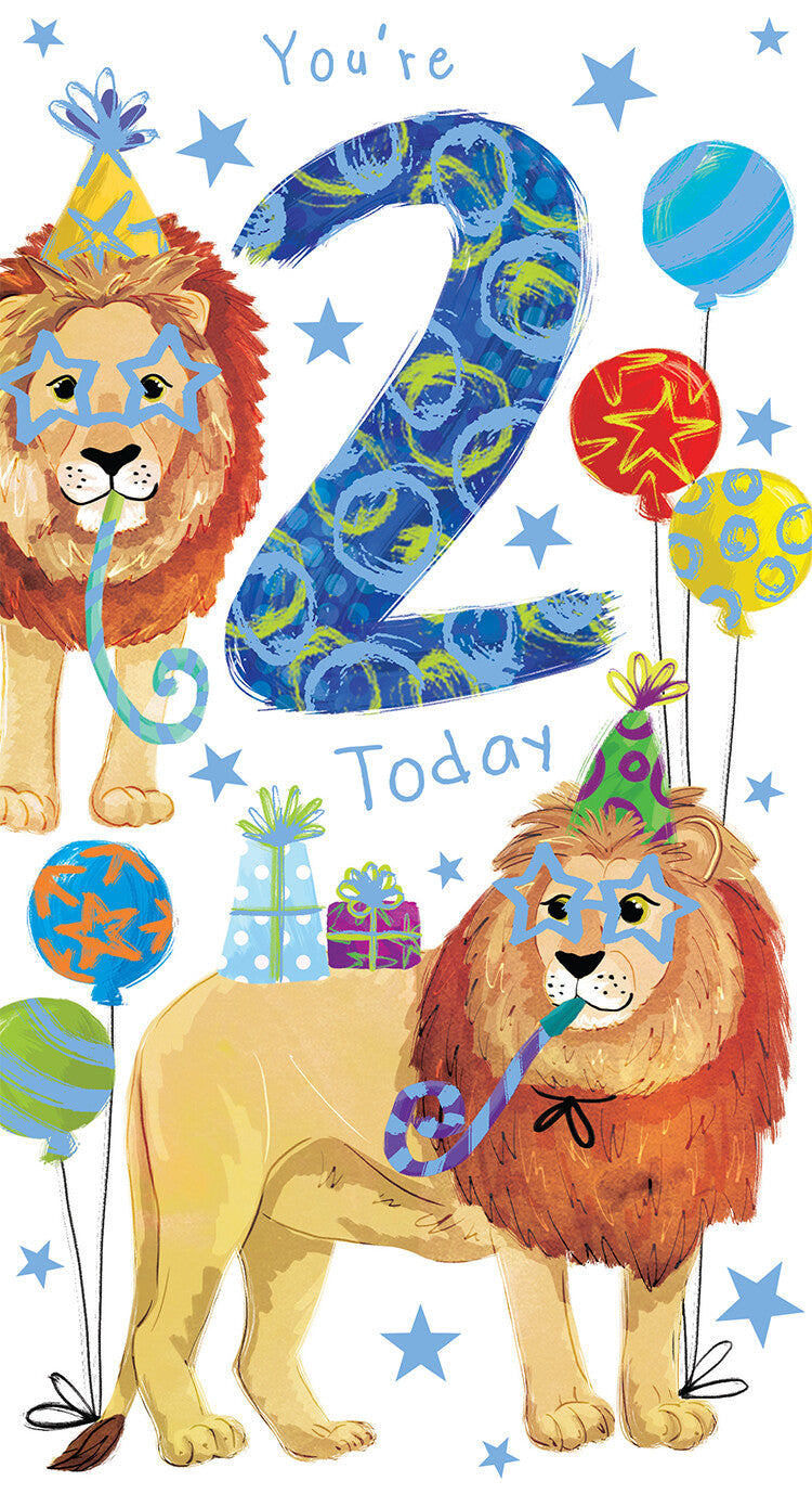 Age 2 Male 2nd Birthday Card Lions 9" x 5" Lovely Verse