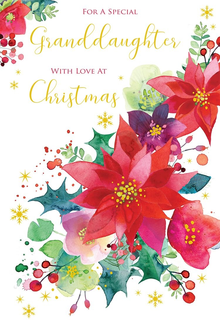 Granddaughter Christmas Card Traditional Poinsettia  9" x 6" Lovely Verse