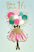 16th Birthday Card for Her  Balloons & Glitter Dress Design  15x23cm Insert