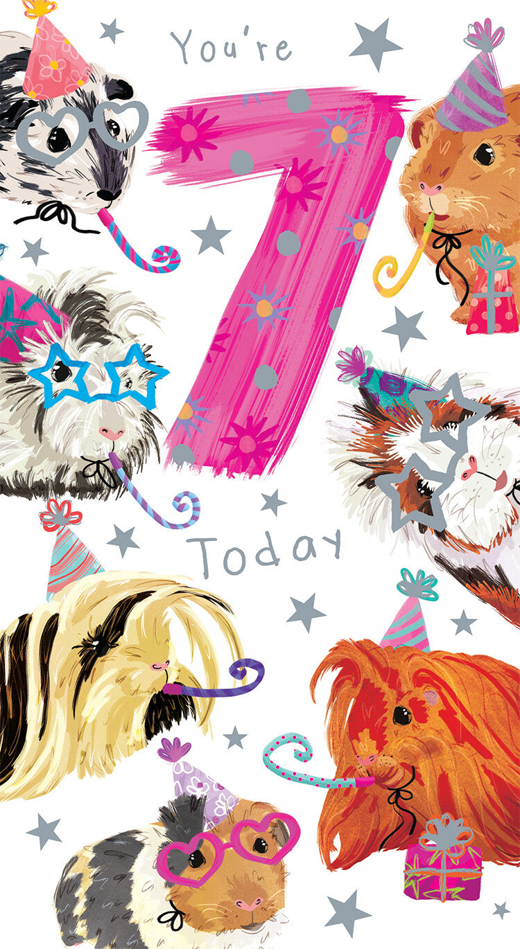Age 7 Female 7th Birthday Card Guinea Pigs 9" x 5" Lovely Verse