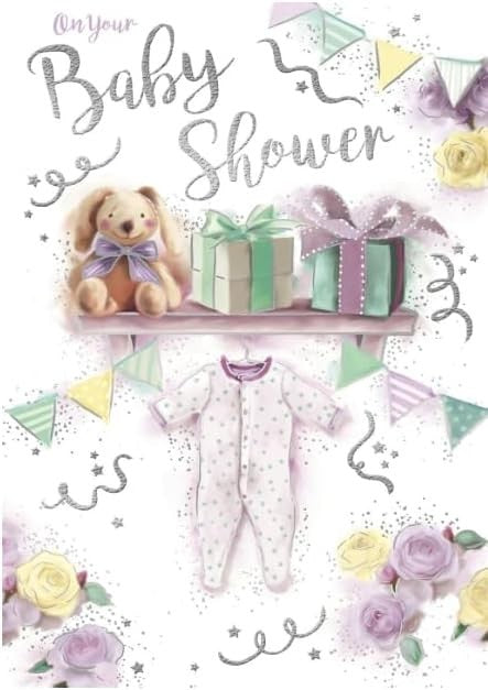 Baby Shower Card 13cm x 19cm Teddy & Gifts Design Verse Inside