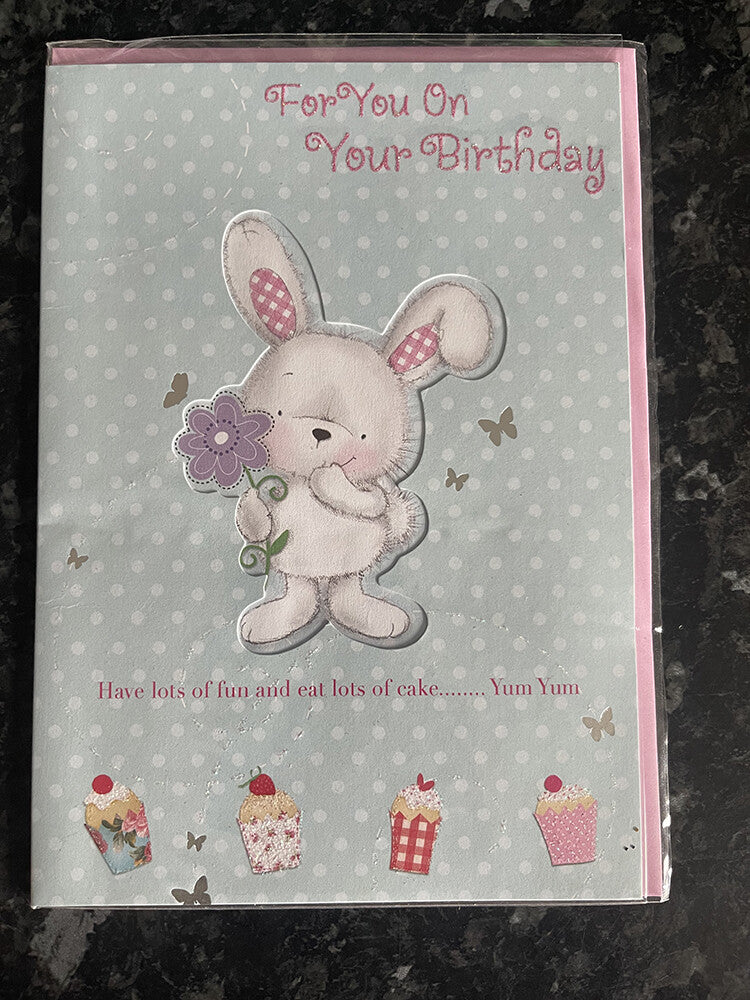 Open Happy Birthday Card Cute Rabbit Holding A Flower Cakes