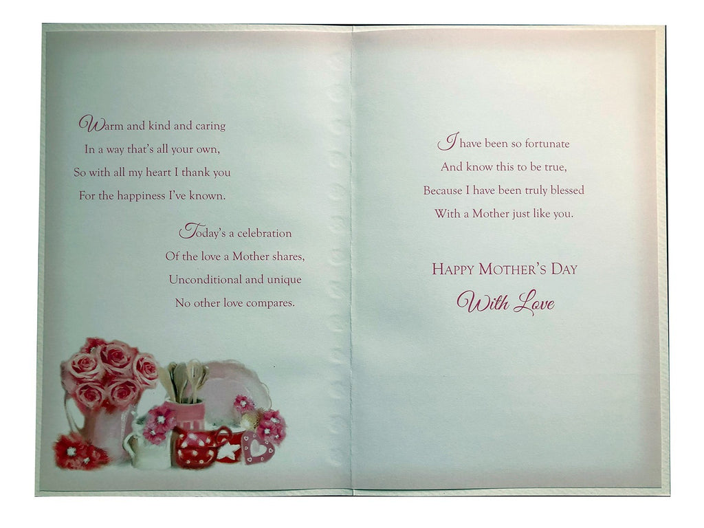 Happy Mothers Day Mother Dresser Flowers Tea Cups Jugs Design Card Lovely Verse