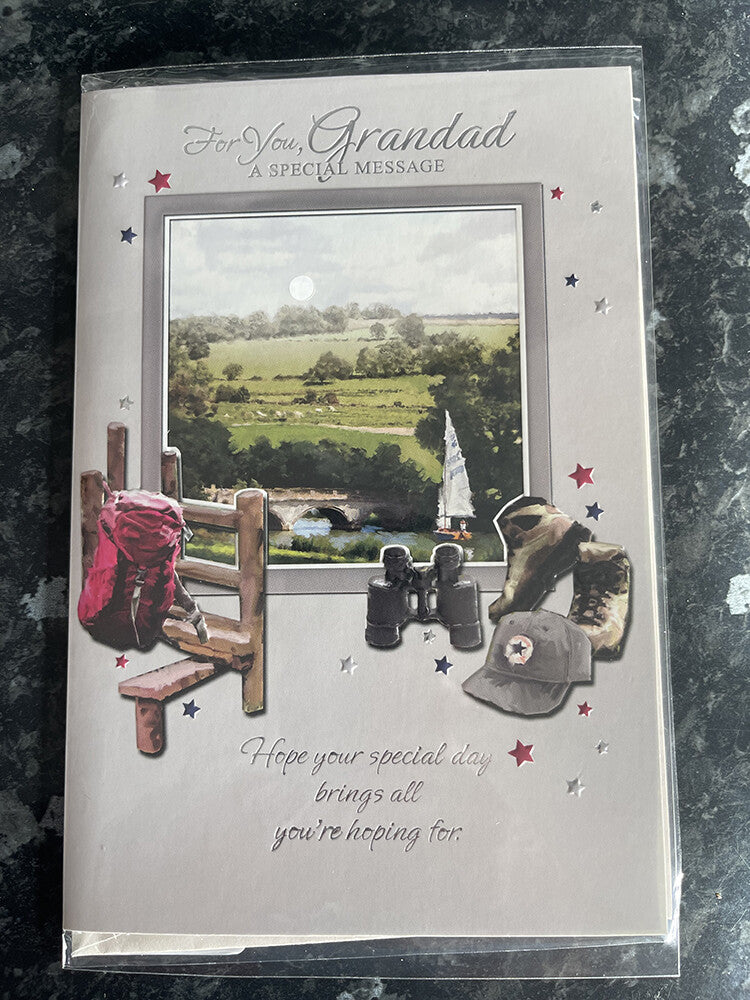 Grandad Happy Birthday Card Hiking Boots Binoculars Outdoors Rucksack