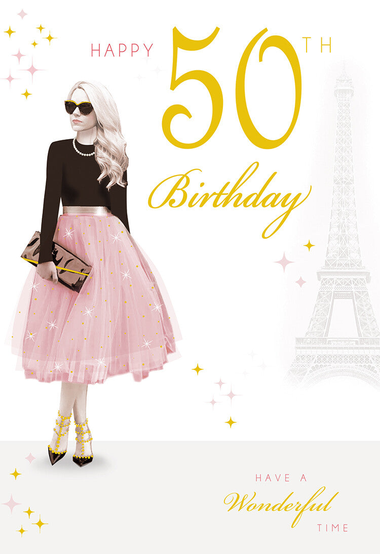 Happy 50th Birthday Card Female Foil Finish 8" x 6" Lovely Verse