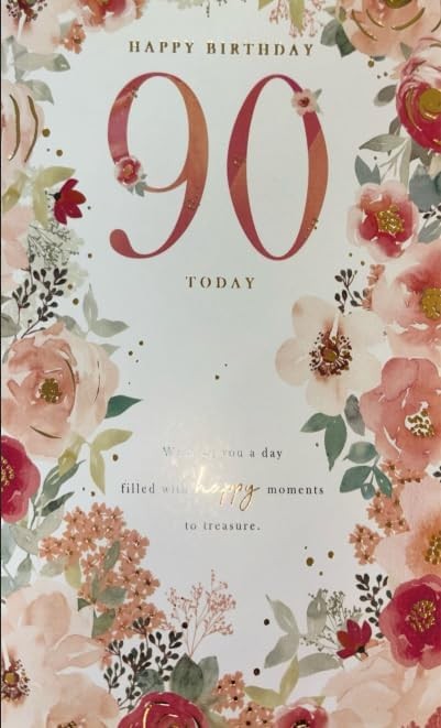 90th Birthday Card ? Elegant Pink Floral Design & Verse ? 15x23cm