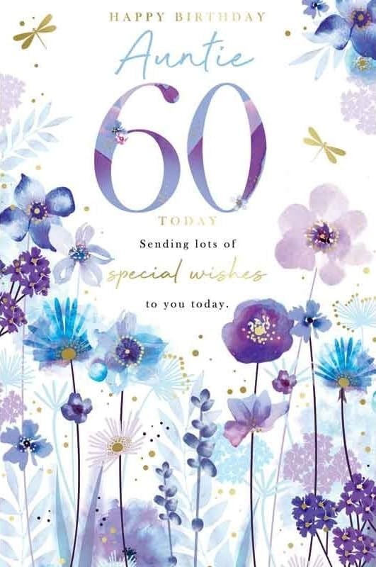 60th Birthday Card for Auntie  Purple Floral & Dragonfly  15x23cm Insert