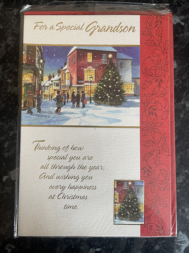 Grandson Merry Christmas Card Traditional Festive Snow Town Square Scene