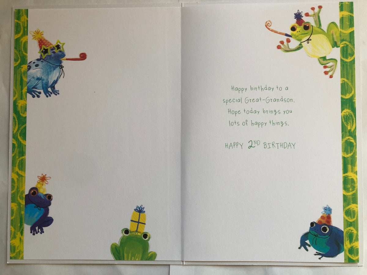 2nd Birthday Card for Great-Grandson 15cm x 23cm Frog Party Design Verse
