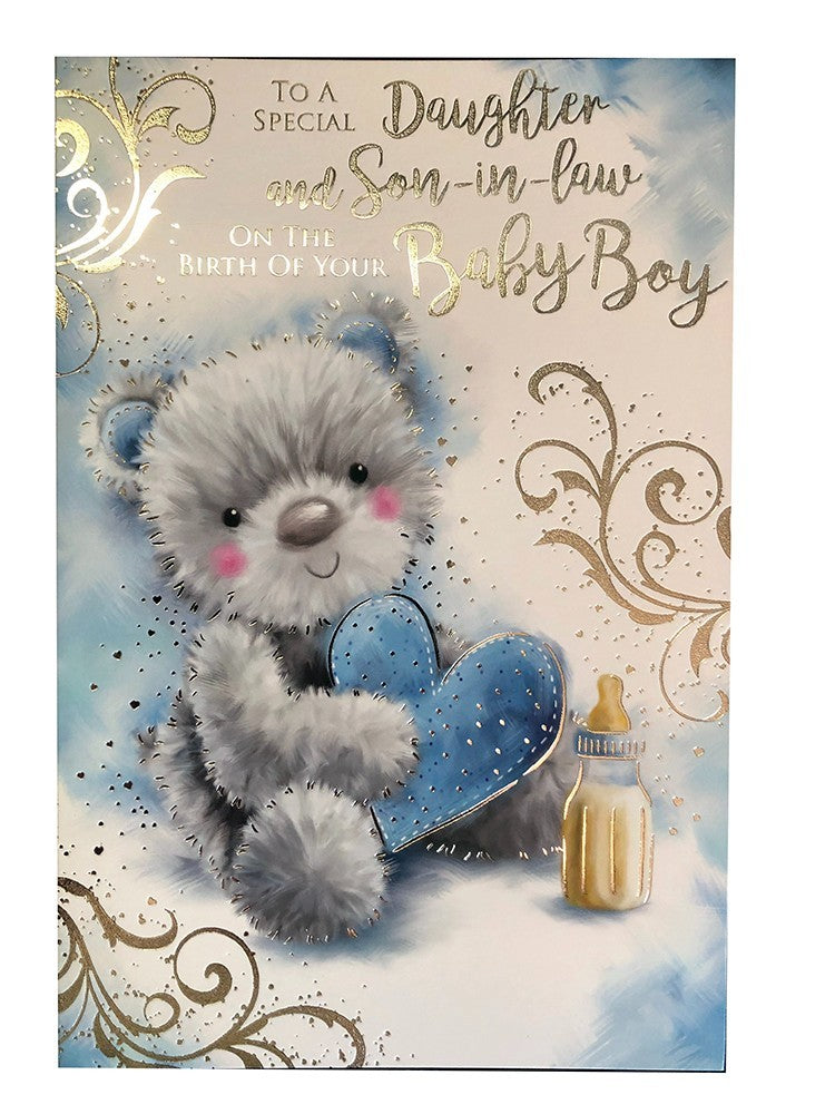 New Baby Boy Card  Daughter & Son-in-law  Teddy Bear Design  15x23cm