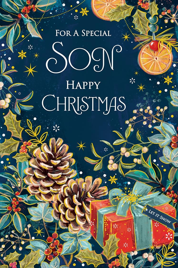 Christmas Card To Special Son Large Pine Cones Gifts Mistletoe 15x23cm