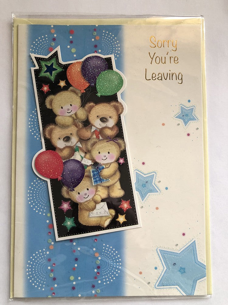 Sorry You're Leaving Card Blue Cute Bears Champagne Glasses Stars