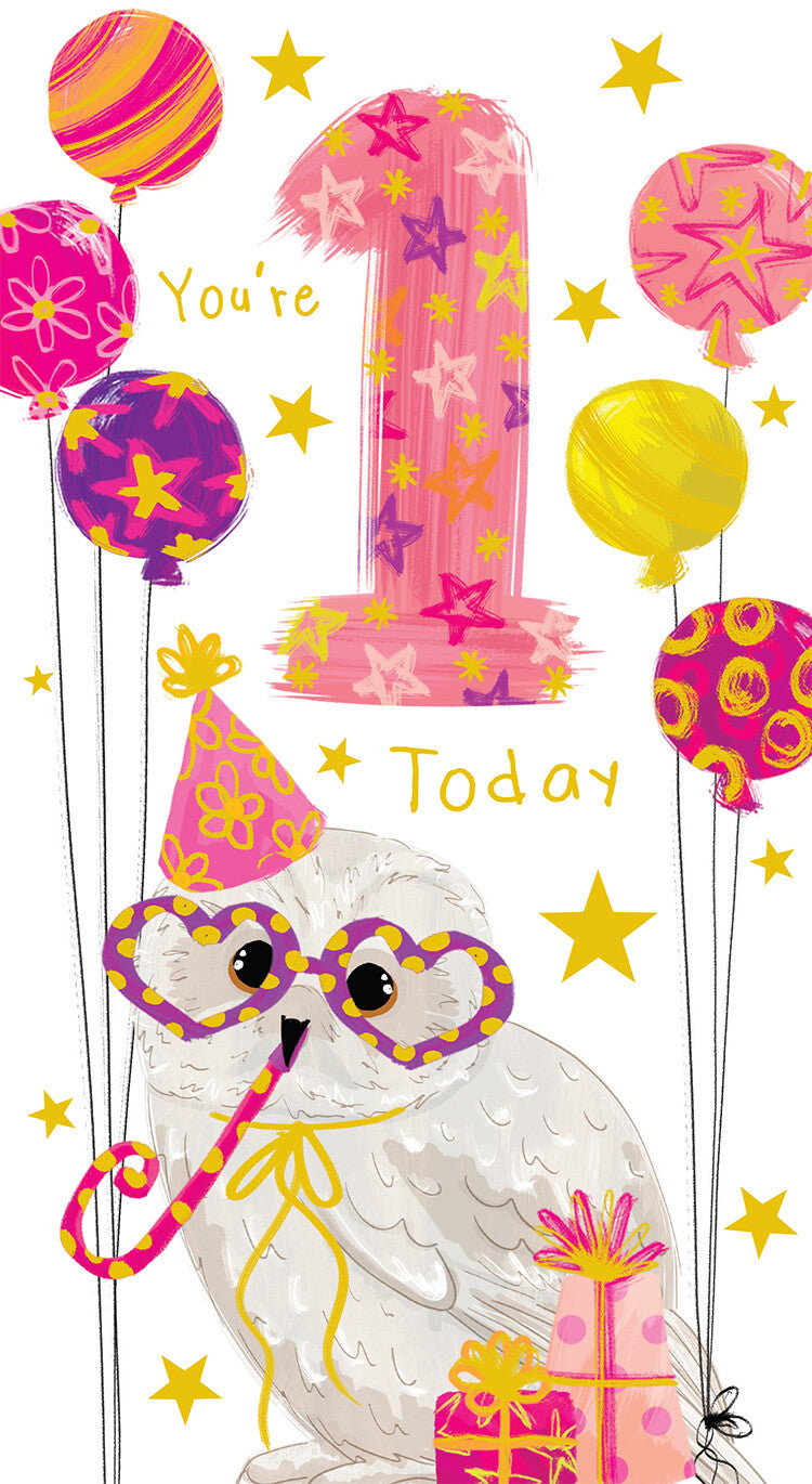 Age 1 Female 1st Birthday Card Owl 9" x 5" Lovely Verse