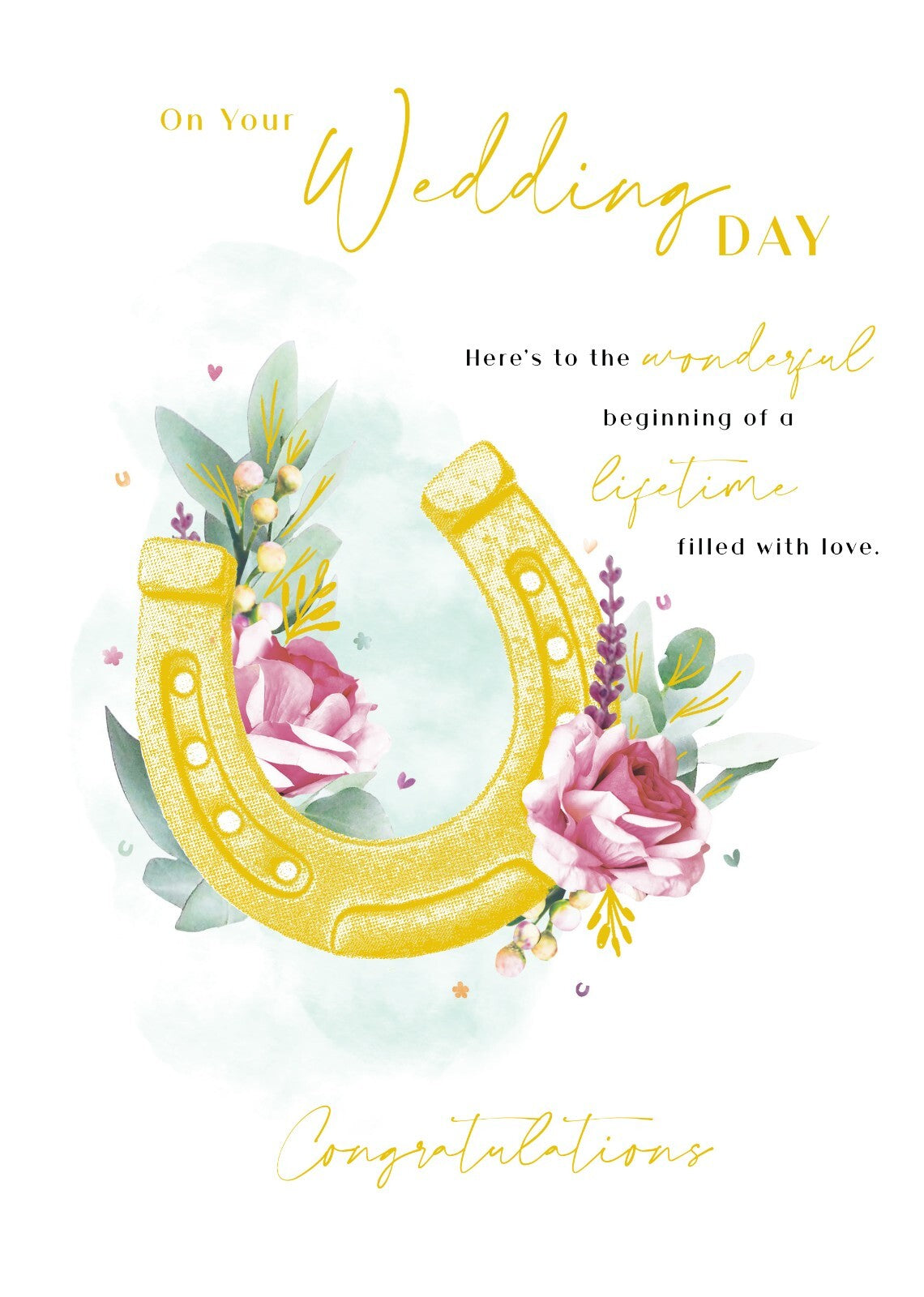 Wedding Day Card Horseshoe Flowers Foil Finish Lovely Verse
