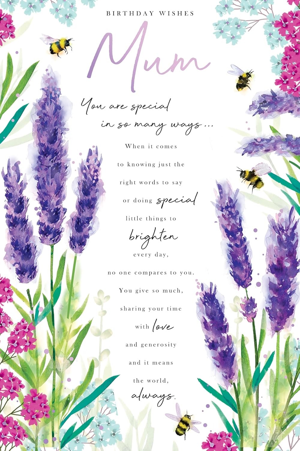 Mum Birthday Card  Lavender Bee Floral Design & Verse  15x23cm