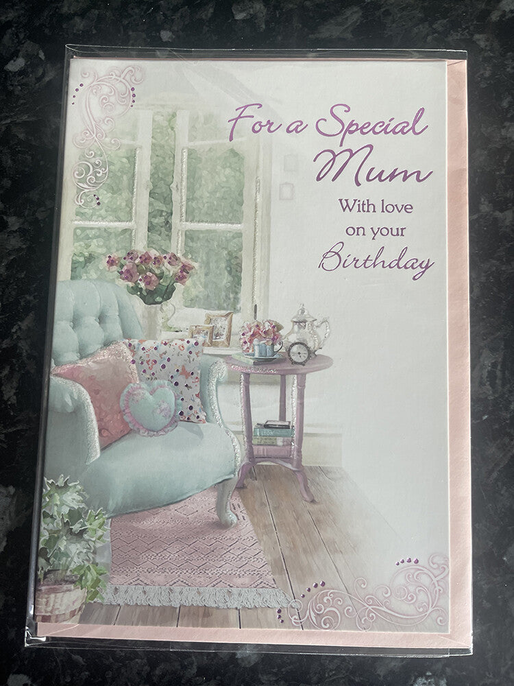 For a Special Mum Birthday Card - Cosy Room & Flowers Design - 18596A