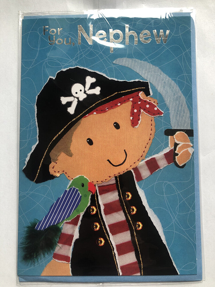 Nephew Happy Birthday Card Pirate Sword Parrot