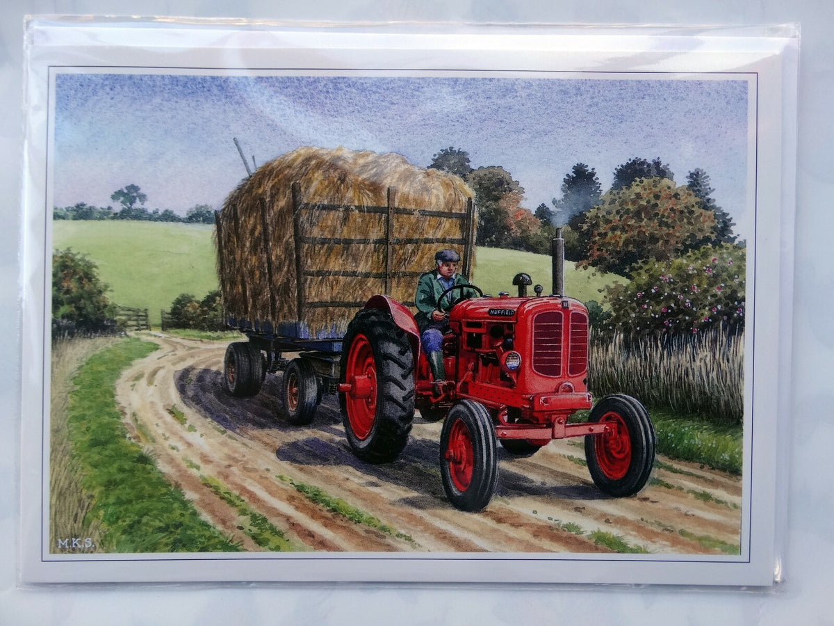 Nifty Nuffield Tractor Card Pulling Hay Design Open Blank BirthdayNostalgic