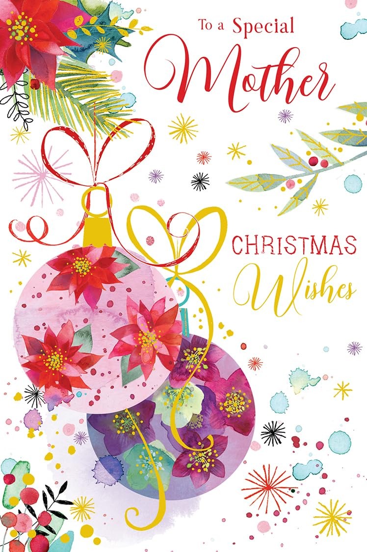 Christmas Card To Special Mother Large Floral Baubles Foliage 15x23cm