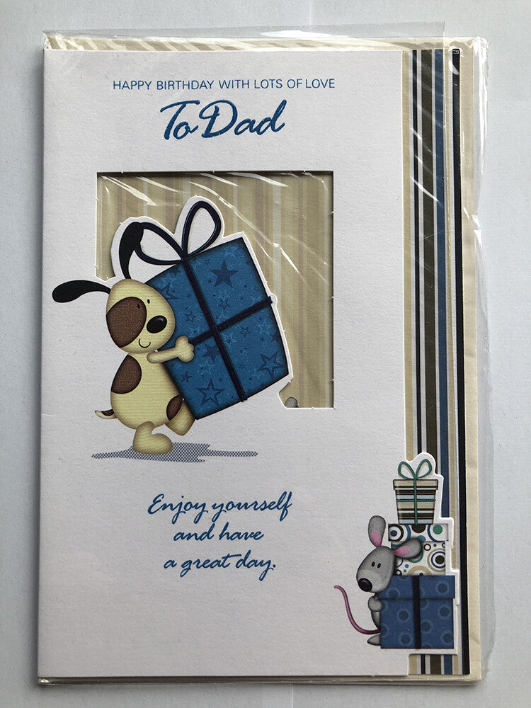 Dad Happy Birthday Card Dog Carrying Present Mouse Gifts