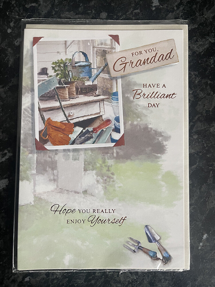 Grandad Happy Birthday Card Potting Shed Tools Twine Pots Watering Can
