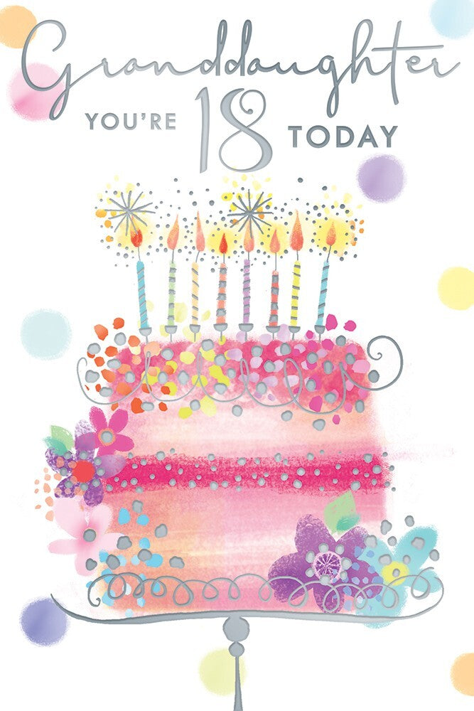 18th Birthday Card Granddaughter - Cake & Candles Design ~ Approx 6"x9"