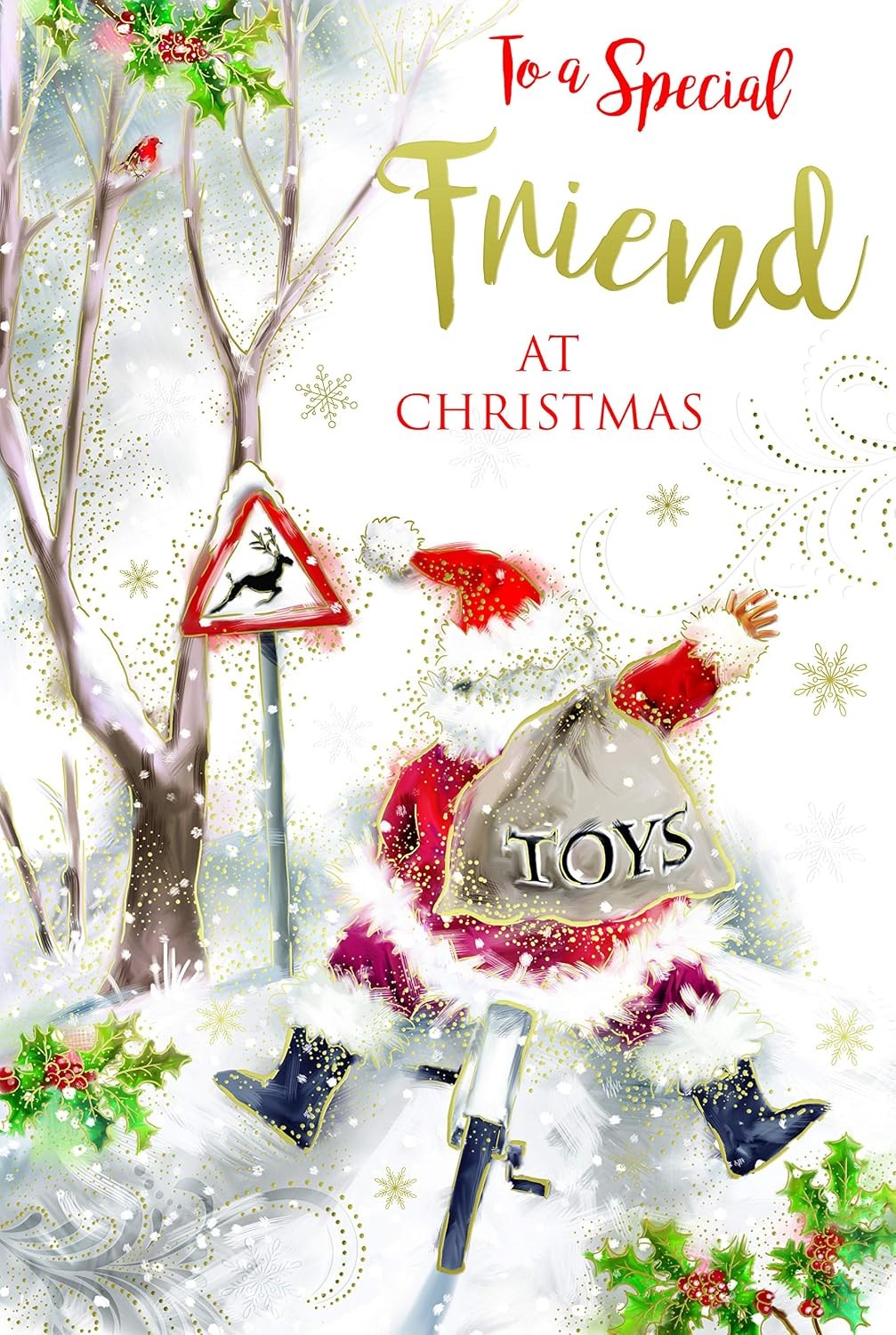 Friend Christmas Card Santa Cycling Sack Of Toys & Holly Design Lovely Verse