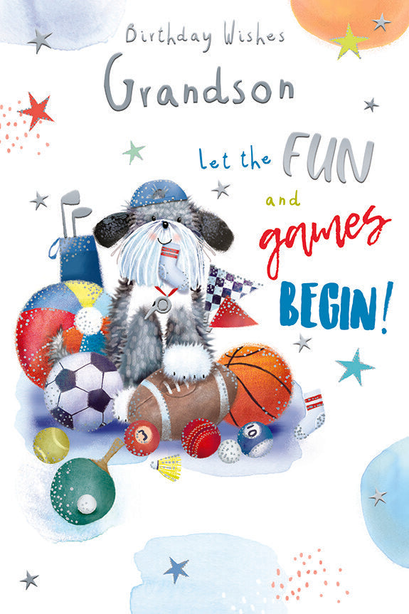 Grandson Happy Birthday Card Let The Fun And Games Begin Cute Dog