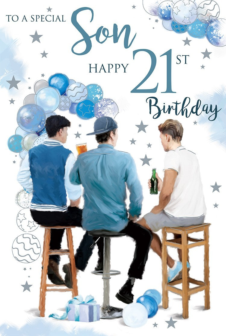 Son 21st Birthday Card  Pub Cheers & Balloon Design  Quality Finish  15x23cm