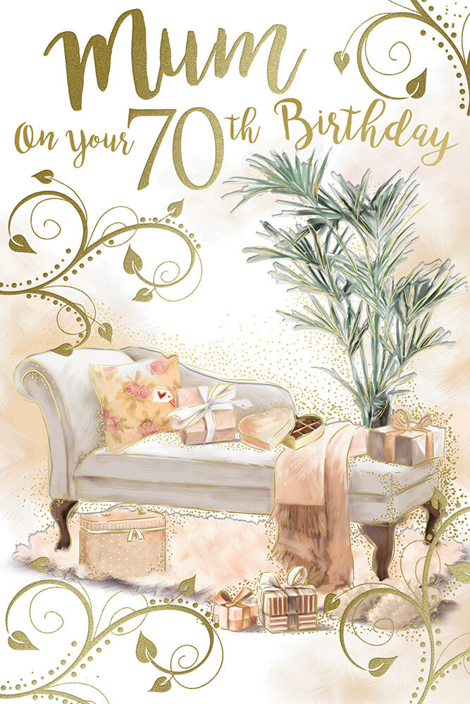 70th Mum Birthday Card 70 Chaise Lounge & Presents Design  Lovely Verse