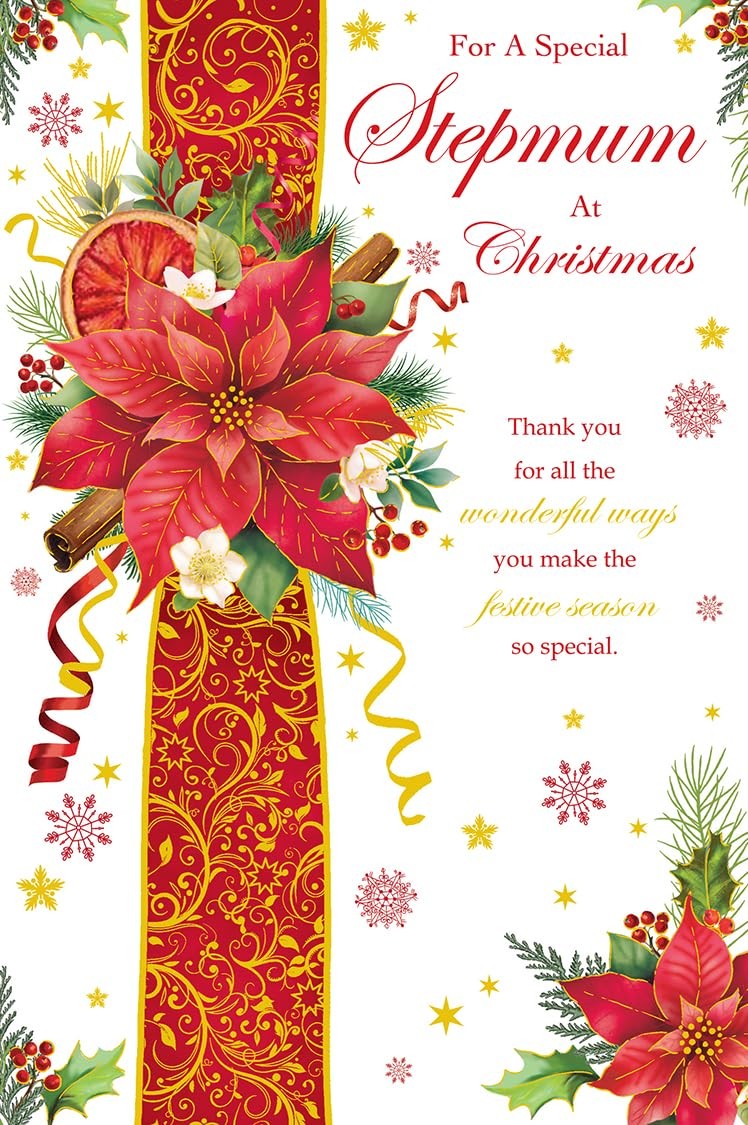 Christmas Card Special Stepmum Large Poinsettia Floral Ribbon 15x23cm