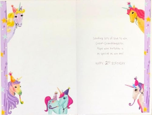 2nd Birthday Card for Great-Granddaughter  Unicorn Design  15x23cm Insert