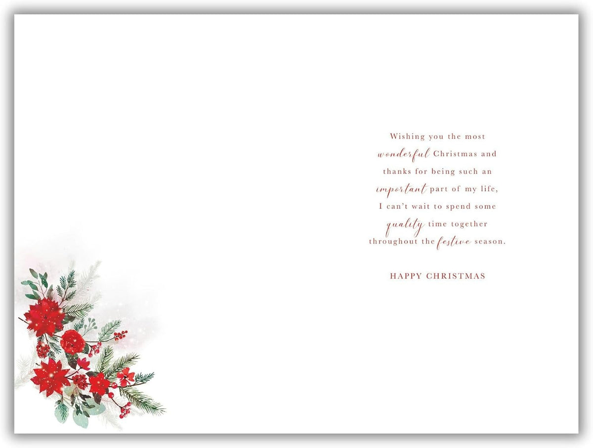 Inside of wife Christmas card with red flowers and a verse about spending quality time together during the festive season