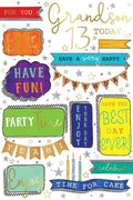 13th Birthday Card Grandson - Fun Party Stars Design ~ Approx 6"x9"