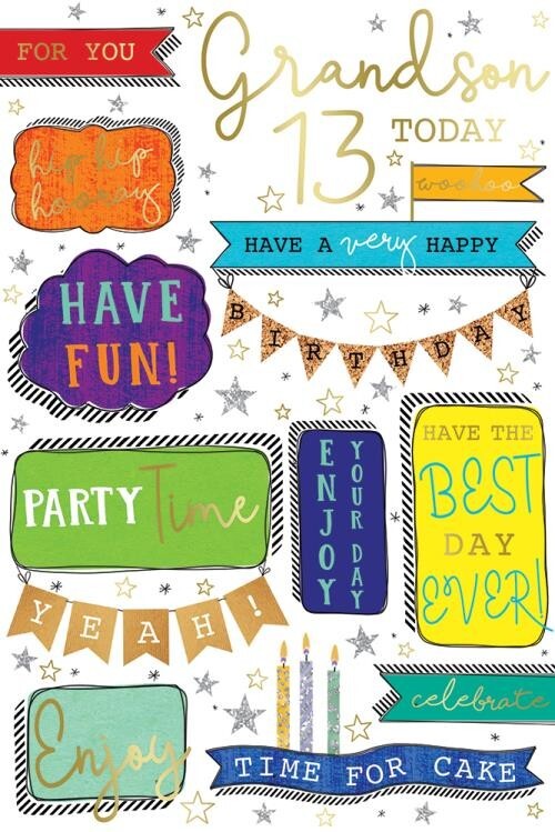 13th Birthday Card Grandson - Fun Party Stars Design ~ Approx 6"x9"