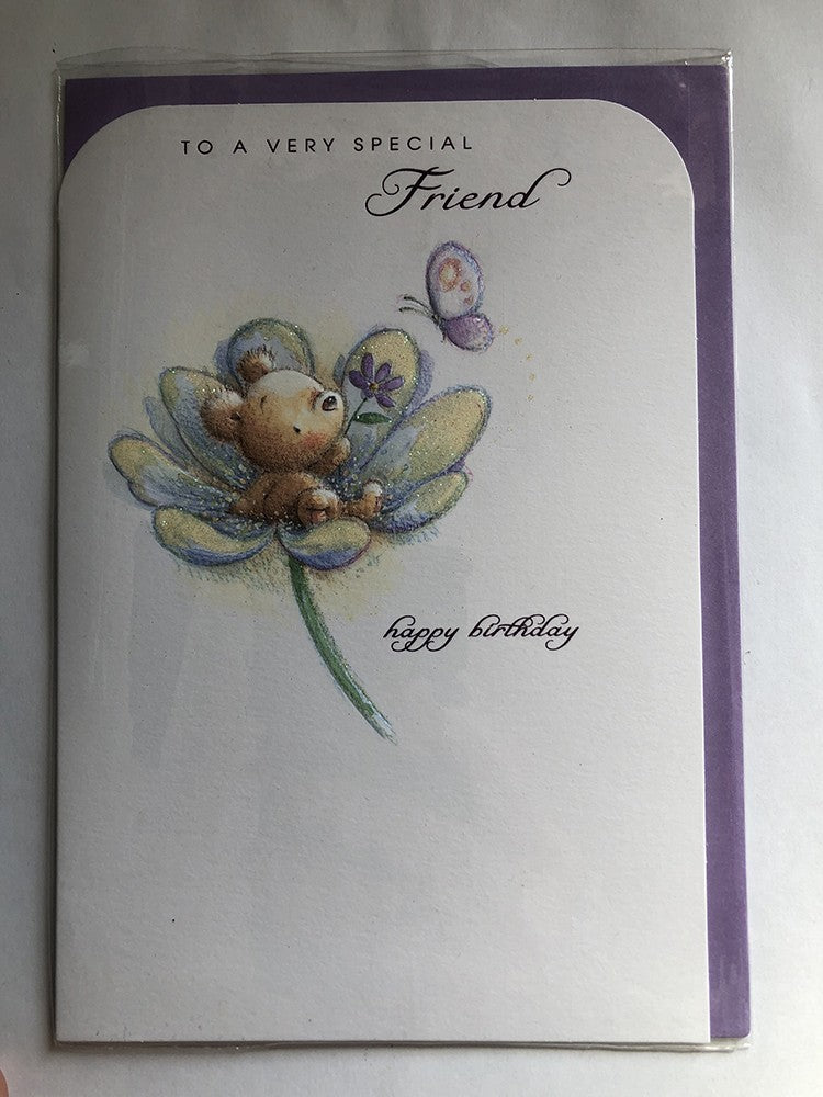 Friend Happy Birthday Card Special Cute Bear Sitting In A Flower & Butterfly
