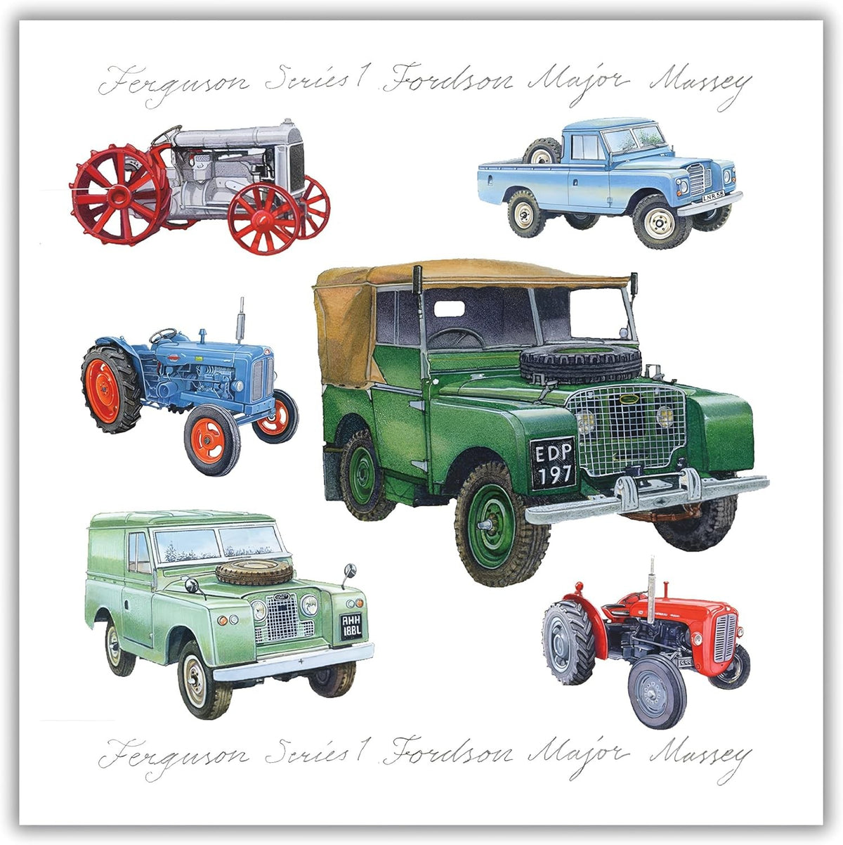 Vintage Tractor & Land Rover Greeting Card  16x16cm  Blank Inside  New
