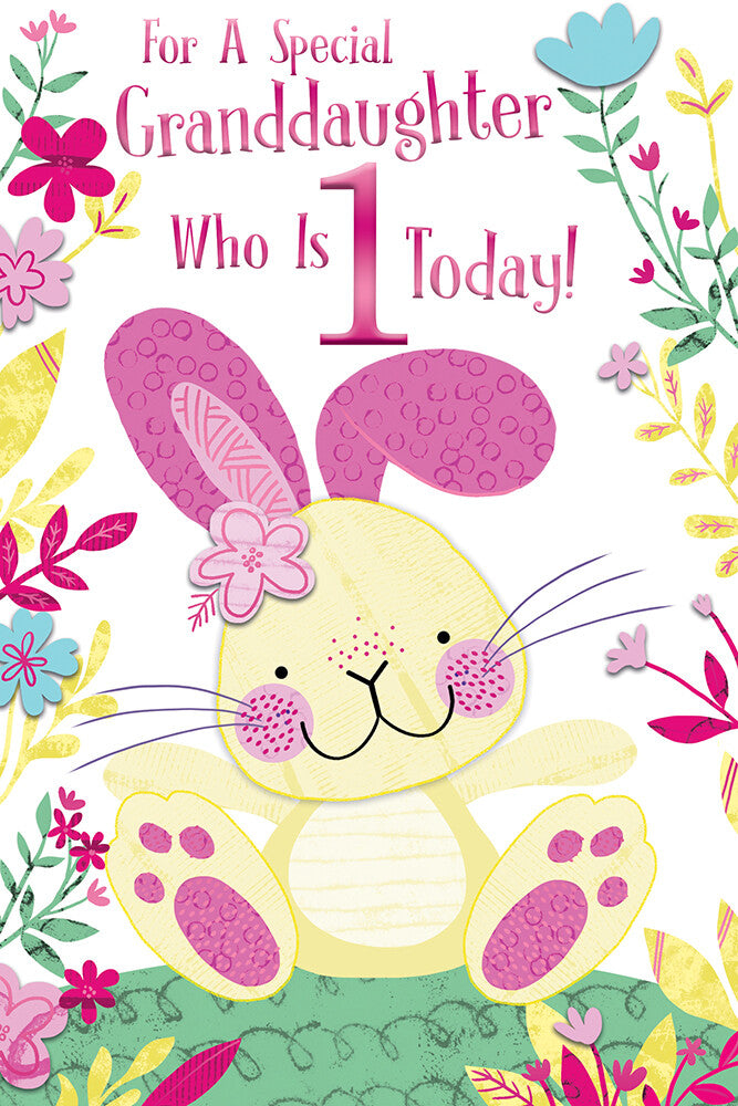 Granddaughter 1st Birthday Card Age 1 Today Cute Bunny Happy Lovely Verse