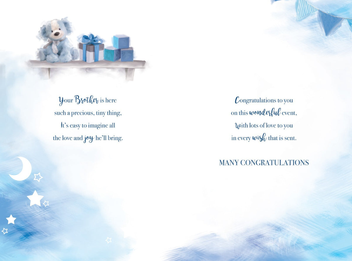 New Baby Brother Card - Teddy Bear & Baby Grow - Birth Congratulations