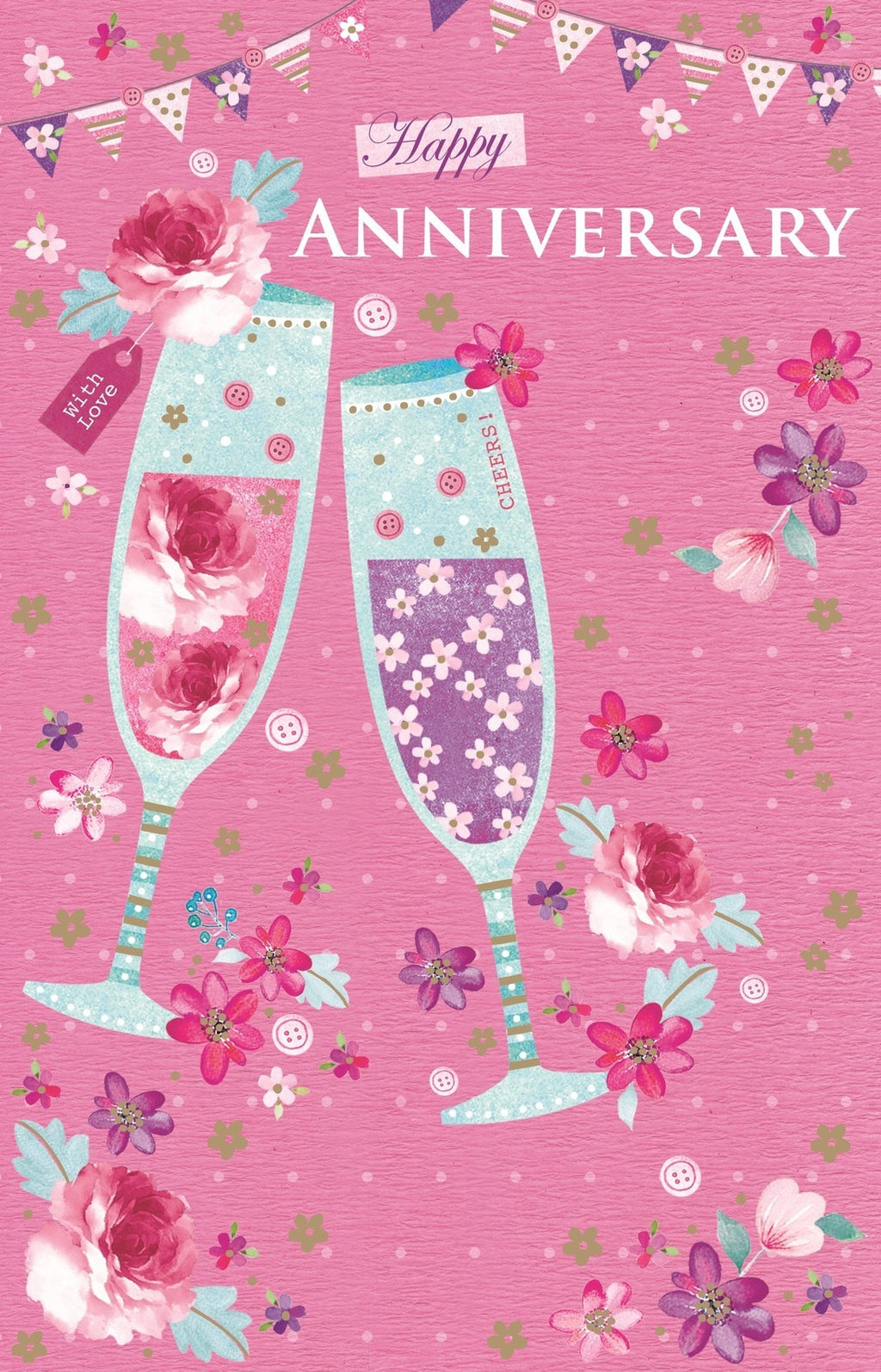 Happy Anniversary Card Glasses & Bunting Design Bright Modern