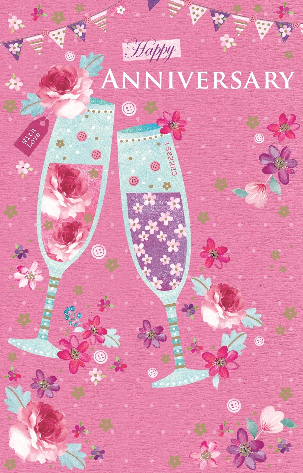 Happy Anniversary Card Glasses & Bunting Design Bright Modern