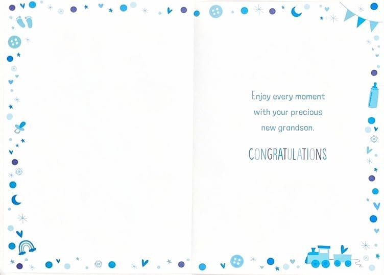 New Grandson Greeting Card  Blue Baby Icons & Verse  15x23cm with Insert