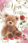 One I Love Birthday Card Cute Bear & Roses Design Happy Lovely Verse