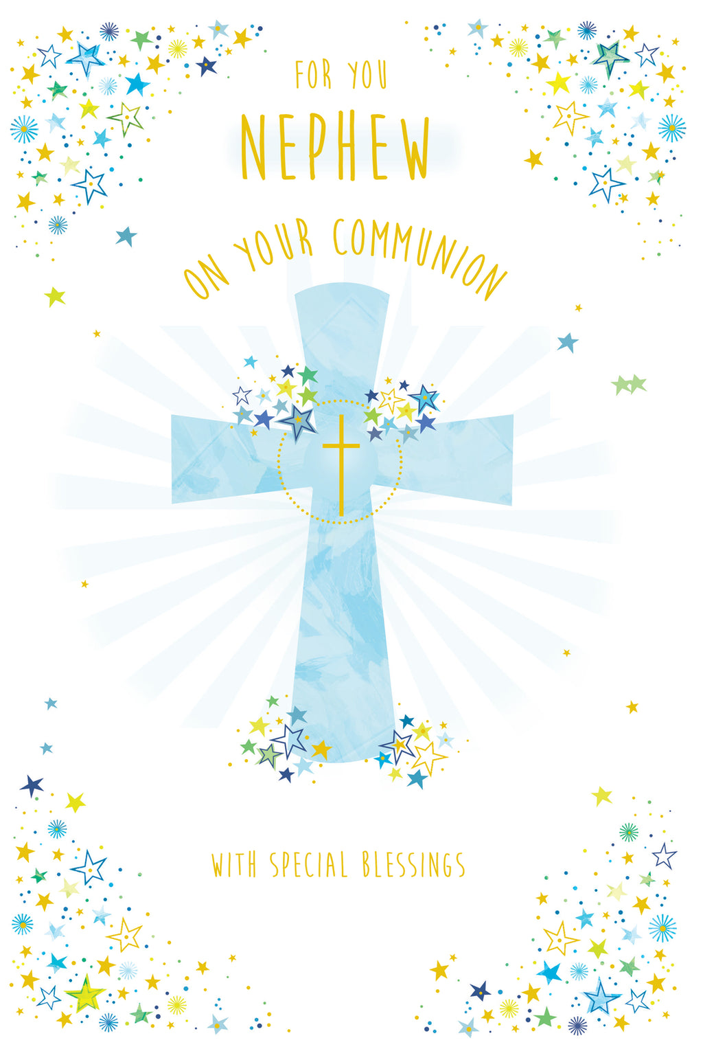 Nephew First Holy Communion Card - Elegant Cross & Stars Design, Quality Board
