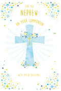 Nephew First Holy Communion Card - Elegant Cross & Stars Design, Quality Board