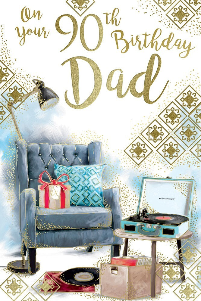 90th Birthday Card Dad - Armchair Record Player Design ~ Approx 6"x9"