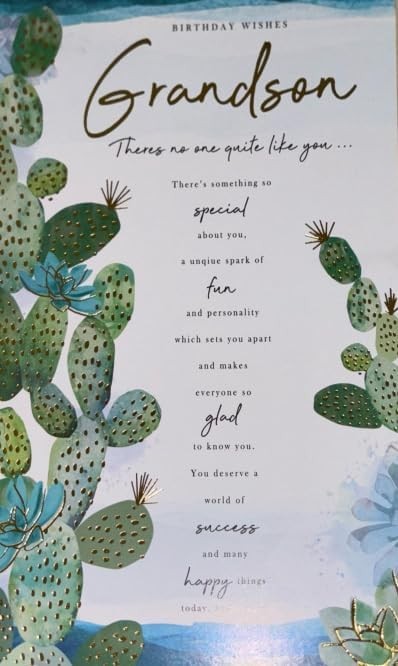 Grandson Birthday Card  Cactus Design & Sentimental Verse  15x23cm