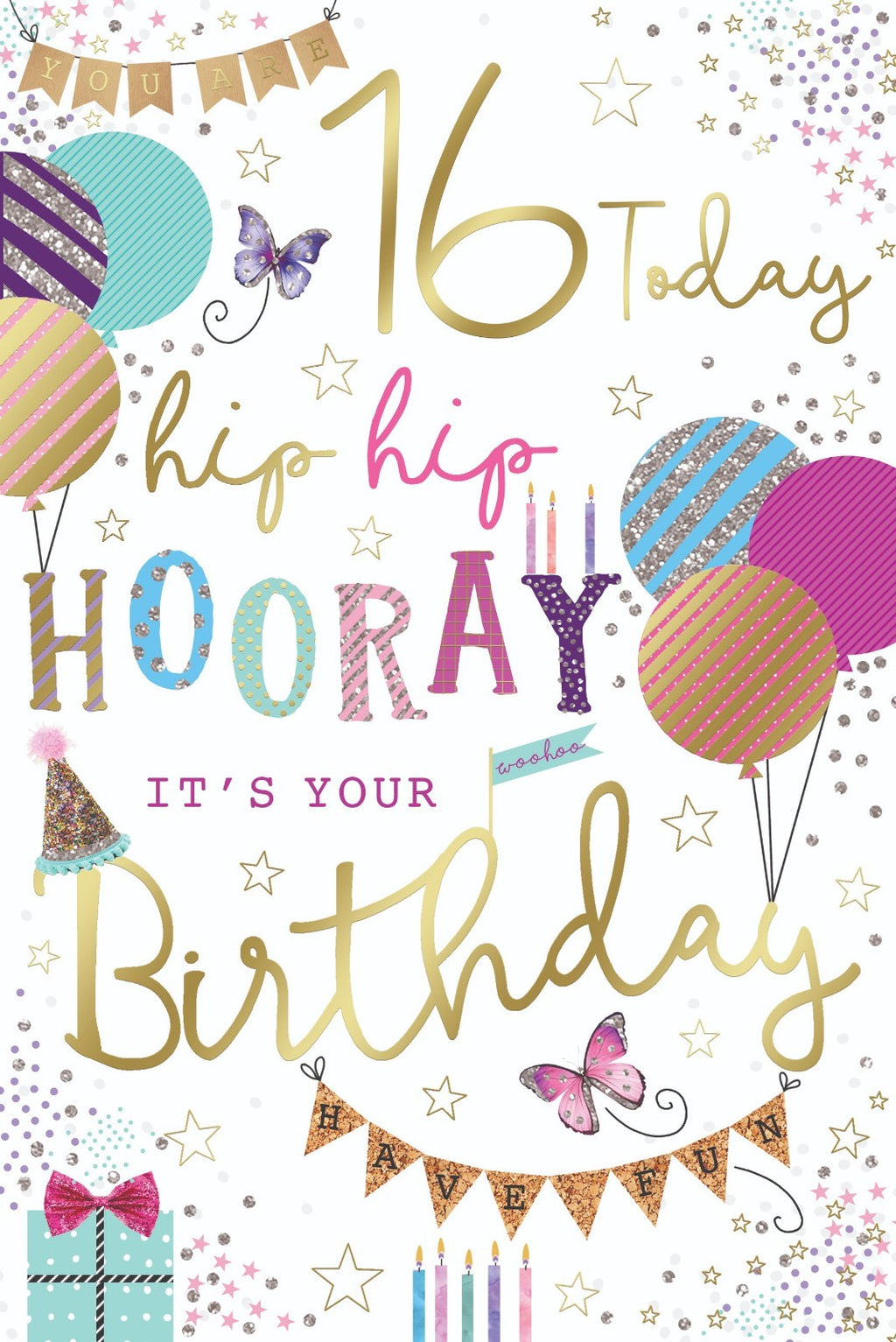 16th Happy Birthday Card 16 Today Balloons Present Female Design Lovely Verse
