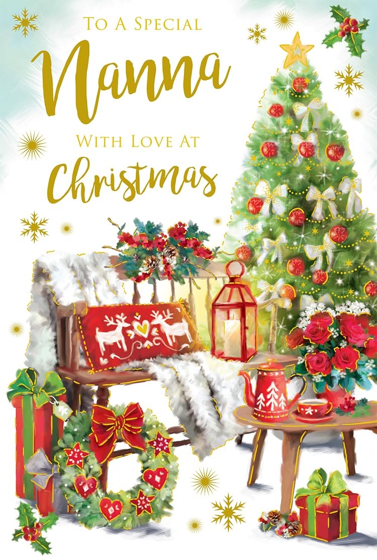 Nanna Christmas Card Traditional Tree Wreath & Holly 9" x 6" Lovely Verse