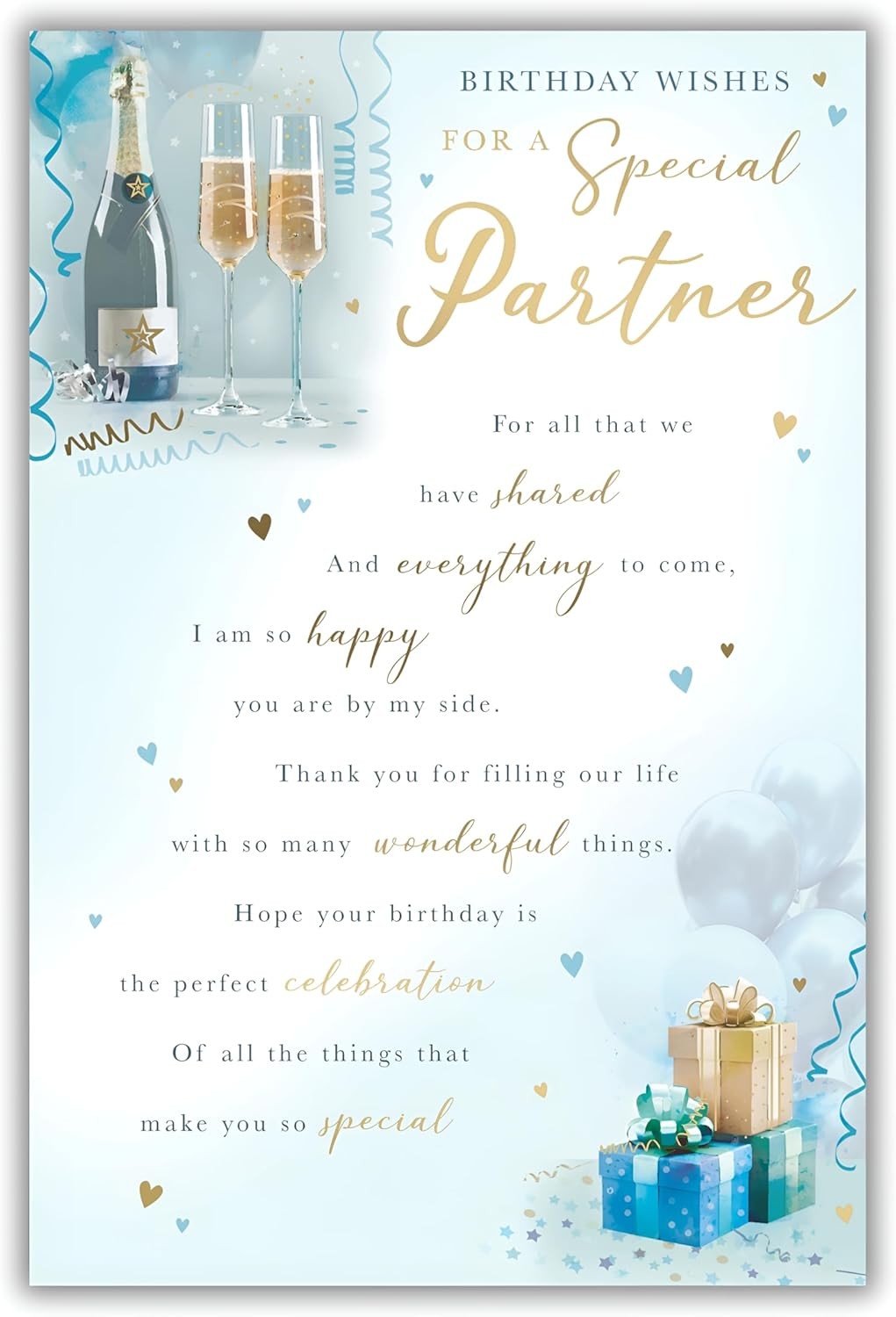Special Partner Birthday Card Champagne & Balloon Design Quality Finish 15x23cm
